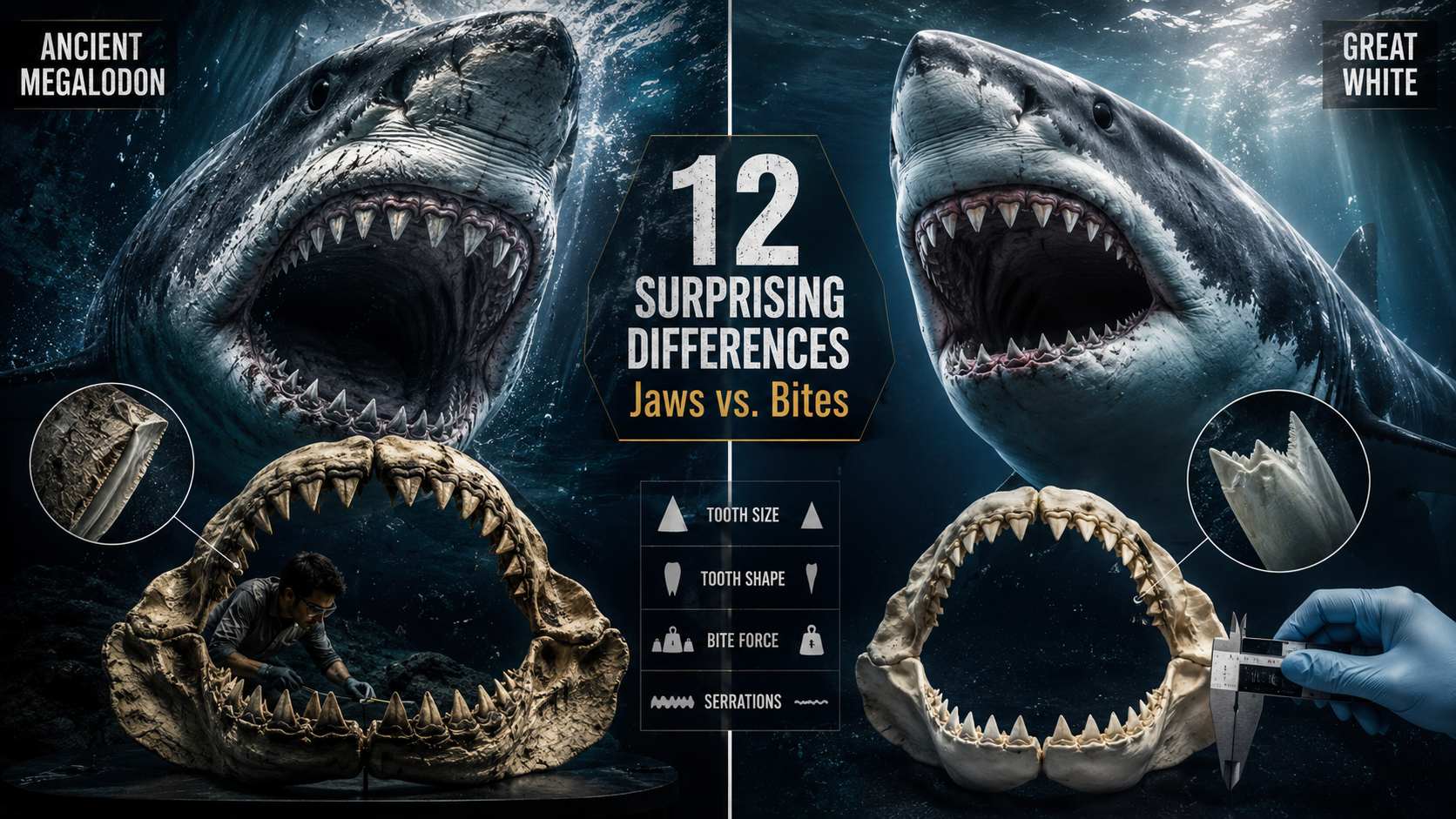 12 Surprising Differences Between Ancient Megalodon Jaws and Great White Bites