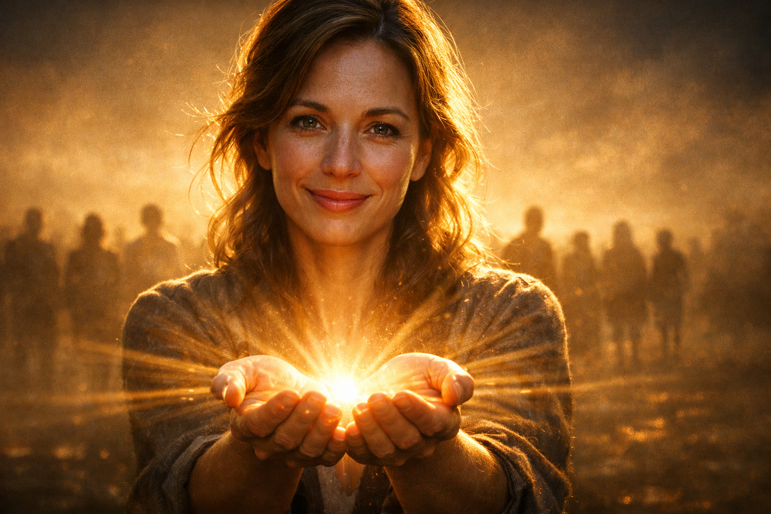 Cinematic editorial thumbnail, ultra‑realistic human in the foreground offering light with hands, emotional expression of kindness and inspiration, warm golden rim lighting, natural skin texture, high detail, soft glow radiating outward symbolizing ripple effect, silhouettes of people in the distance, atmospheric haze, premium magazine aesthetic, high contrast, dramatic depth, expressive eyes, clean composition, subtle background elements, ultra HD, 1366×768, professional color grading, realistic lighting, viral documentary thumbnail style